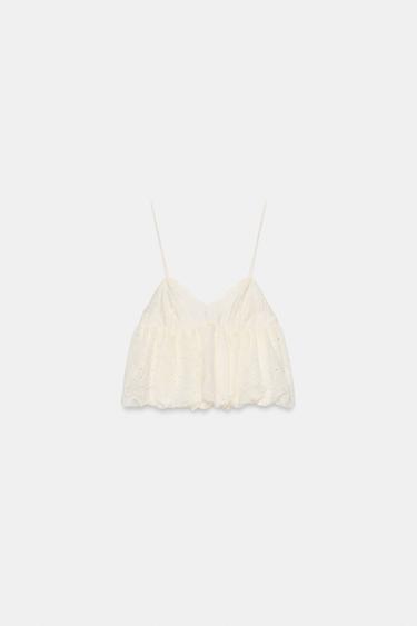 PUFFBALL TOP WITH CUTWORK EMBROIDERY - Ecru by Zara