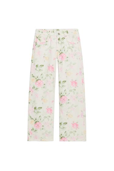 TRF LOW-RISE LOOSE FIT FLORAL JEANS - Oyster-white by Zara