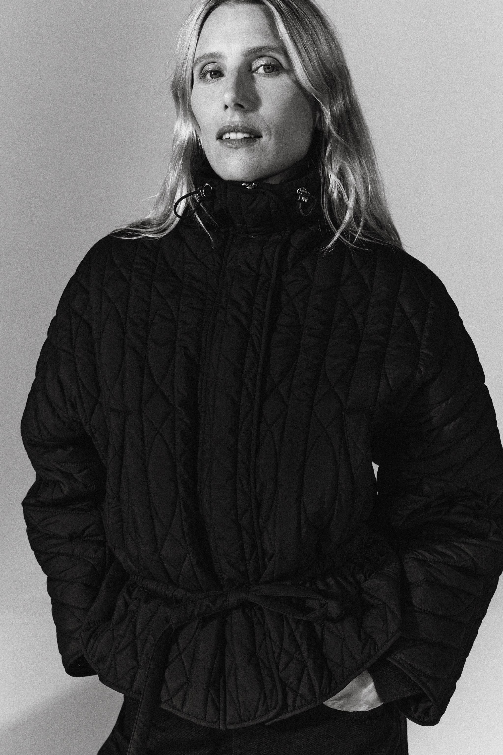 QUILTED STAND-UP COLLAR JACKET — Black