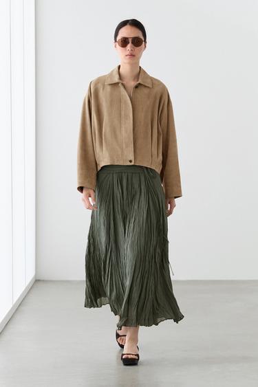 Zara Pleated suede leather bomber jacket - Sand