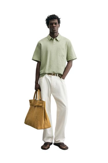 REGULAR FIT HEMP/COTTON POLO SHIRT - Light green by Zara