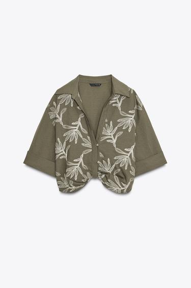EMBROIDERED SHORT SLEEVE SHIRT - Khaki by Zara - Image 4
