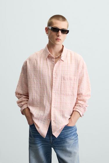 Zara TEXTURED PLAID SHIRT - Pink