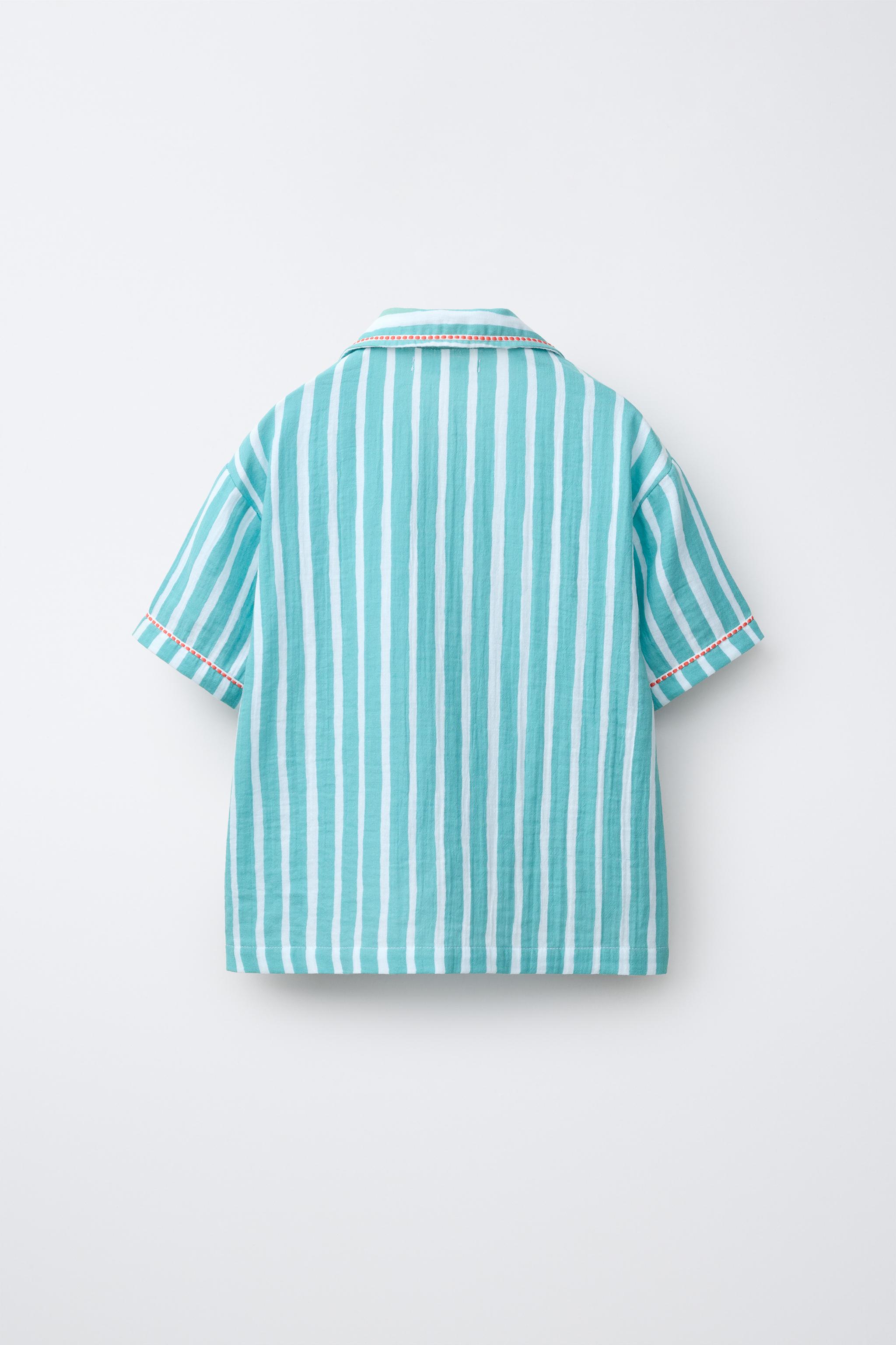 6-14歳/フローラルパッチストライプシャツパジャマ - 青色/白色 | ZARA