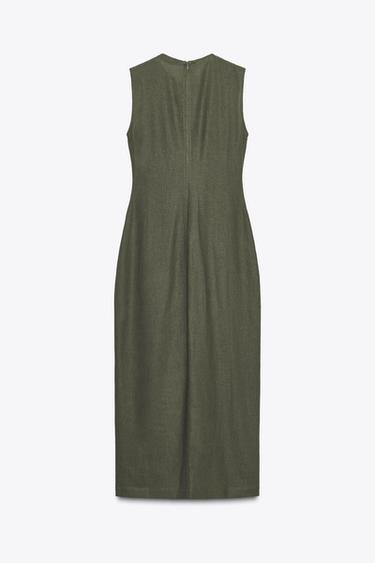 LINEN BLEND MIDI DRESS WITH BELT - Dark khaki by Zara - Image 6
