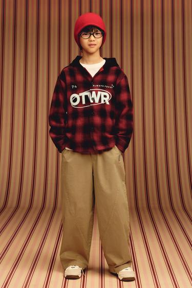 Zara 格紋連帽襯衫式外套 - 紅色