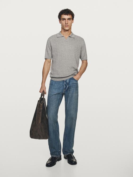 Cotton and linen cable-knit polo sweater