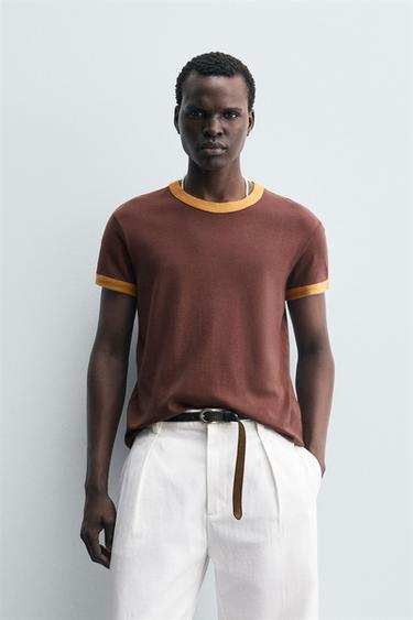 Zara 撞色條紋 T 恤 - 酒紅色