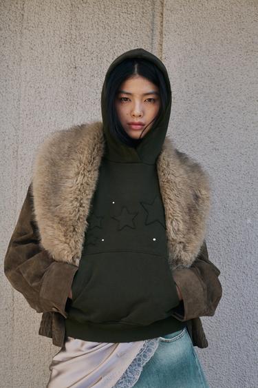 WASHED SWEATSHIRT WITH STARS AND STUDS - Dark brown by Zara