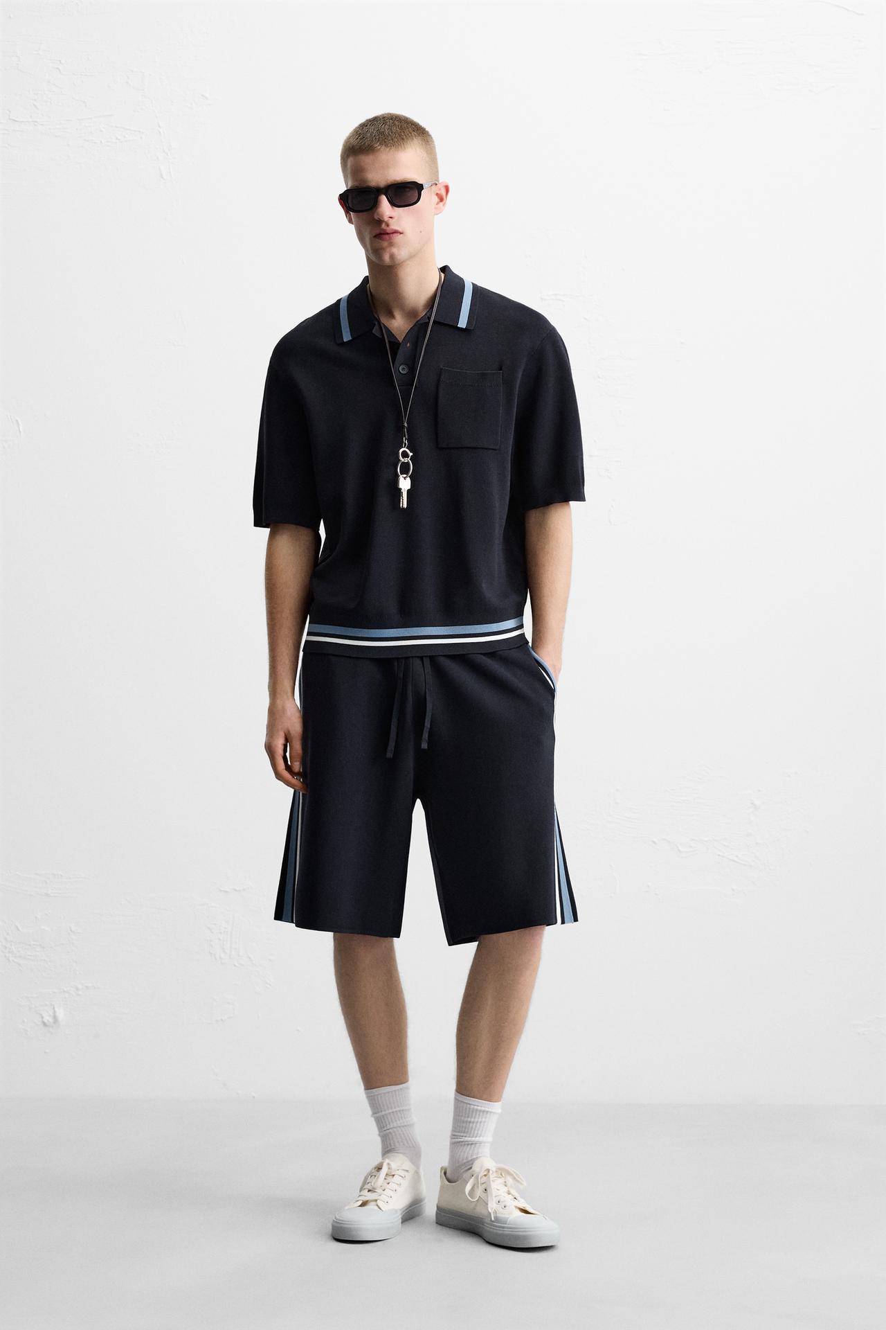 KNITTED BERMUDA SHORTS WITH SIDE STRIPES - Dark navy by Zara
