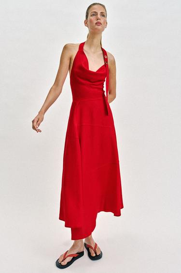 ĐẦM MIDI CỔ YẾM VẢI LINEN - Màu đỏ từ Zara