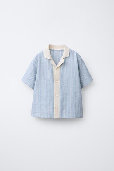 Zara STRIPED SHIRT WITH COTTON AND LINEN - Blue