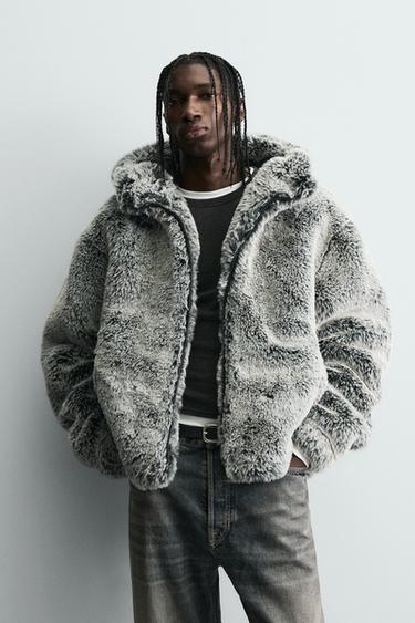BLOUSON EFFET FOURRURE À CAPUCHE - Vert gris de Zara