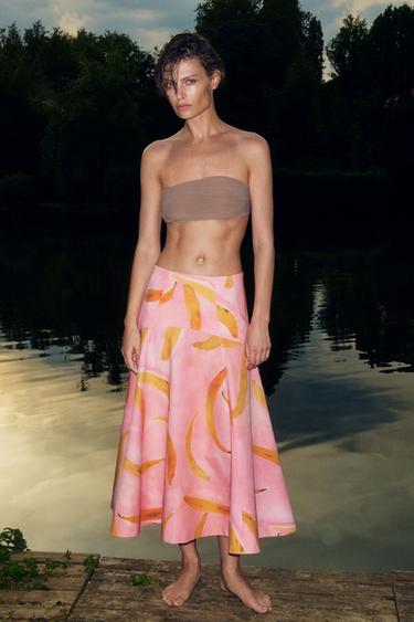Zara ZW COLLECTION PRINTED MIDI SKIRT - Pink