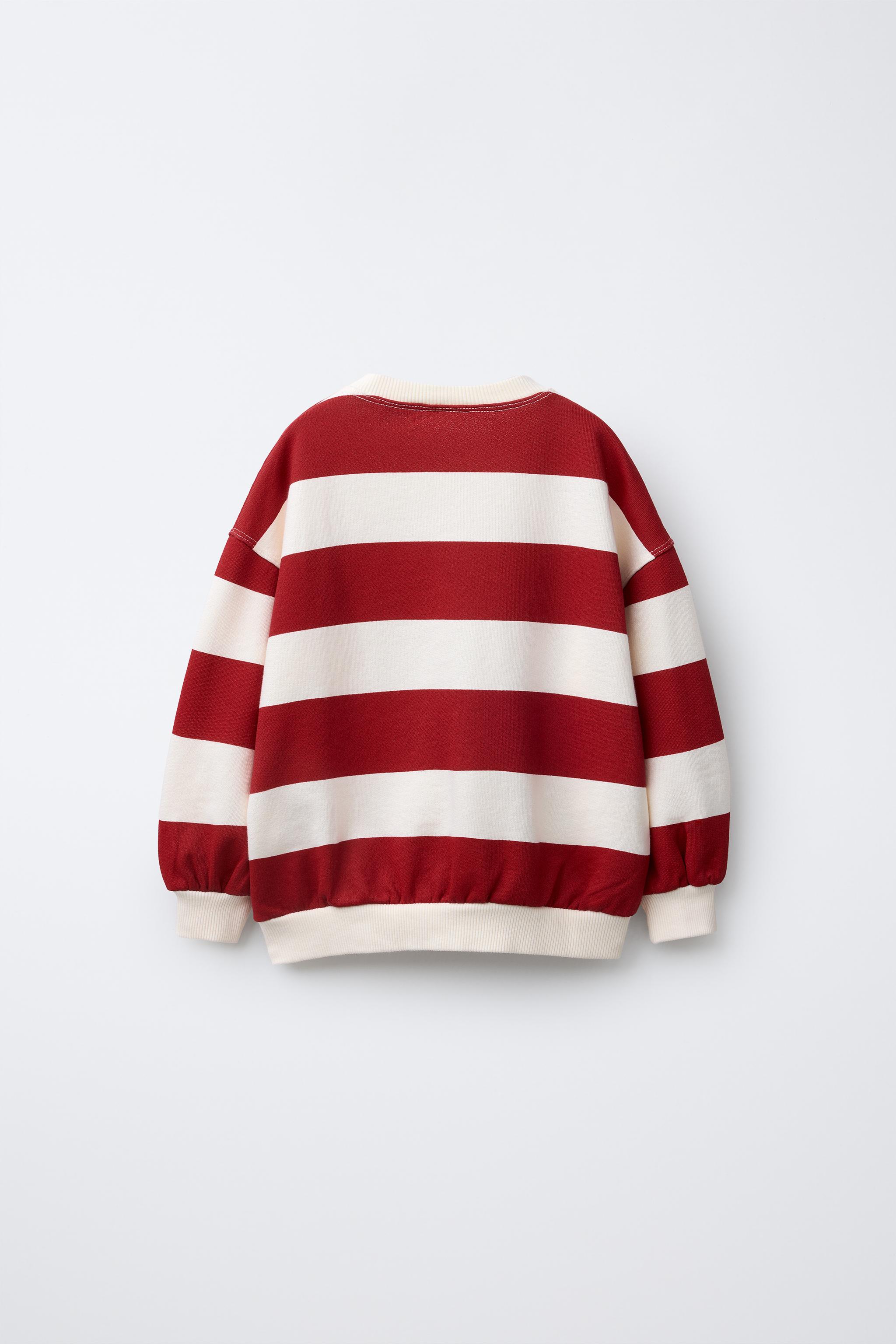 STRIPED EMBROIDERED SWEATSHIRT - Ecru / Red | ZARA United States