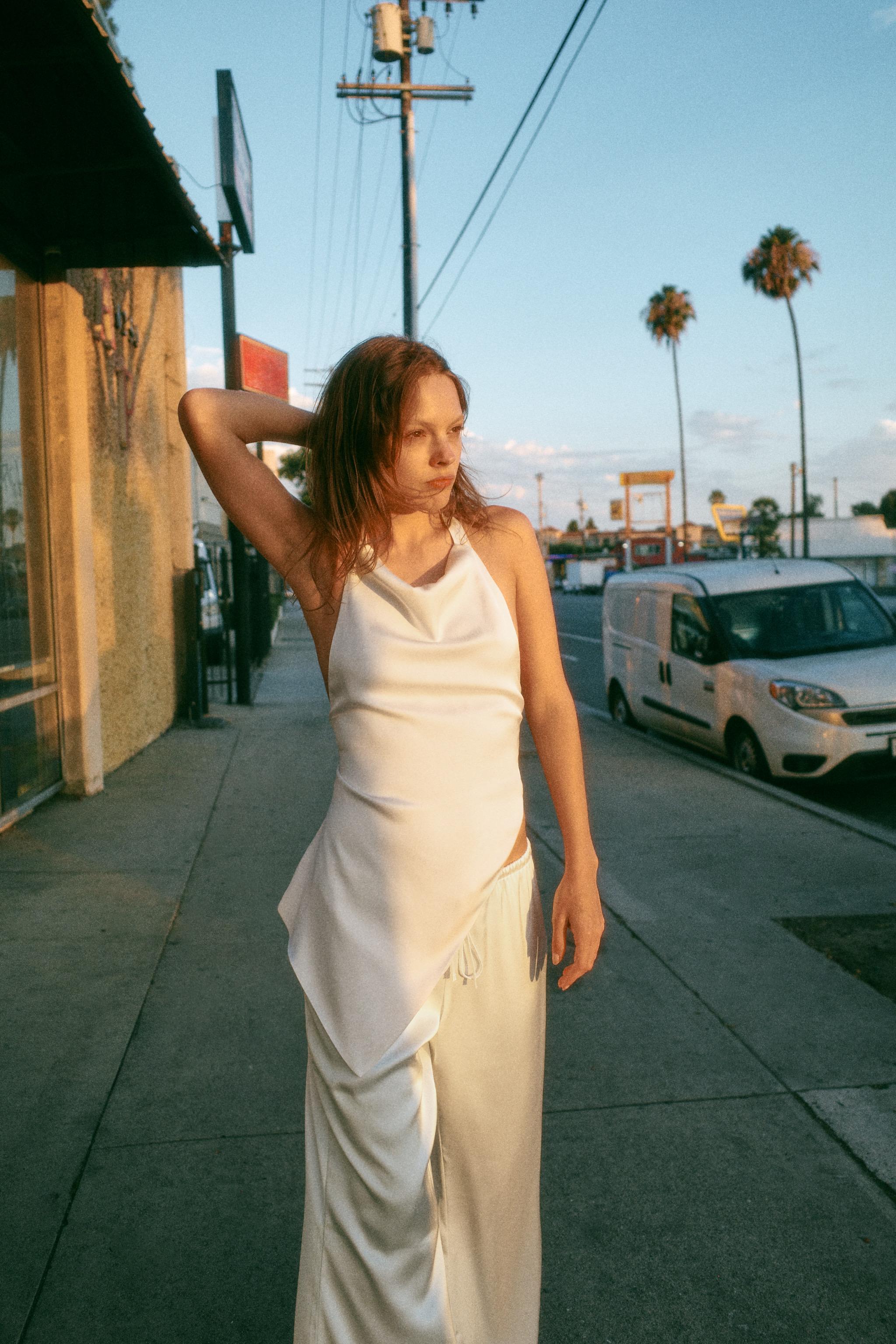 ASYMMETRIC DRAPED HALTER TOP — Oyster-white