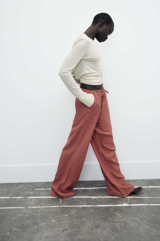 Bright Pink Textured High Waist Flare Trousers