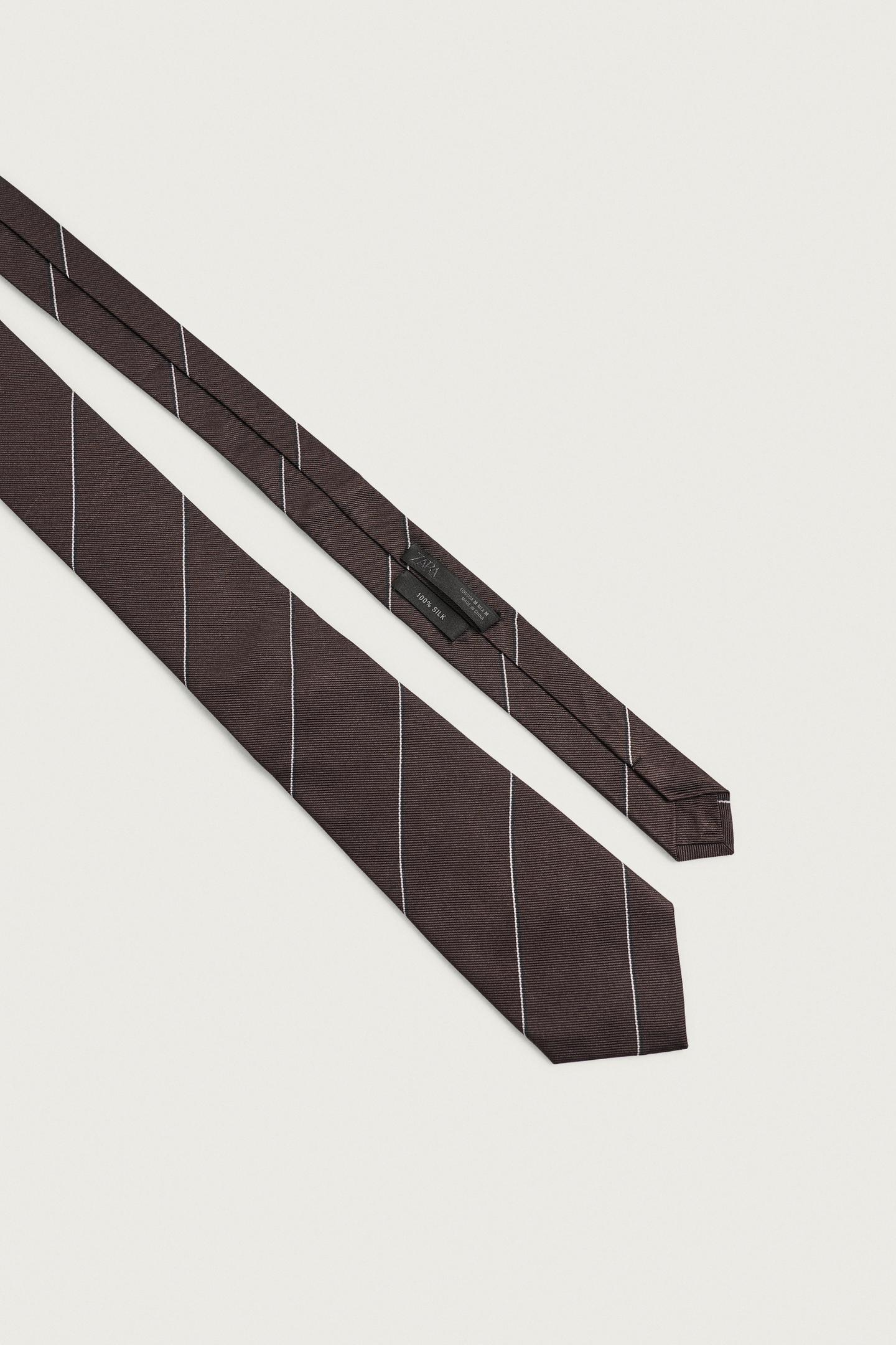 Мужской галстук Zara 100% Silk Striped Tie, цвет: Коричневый — фото 4