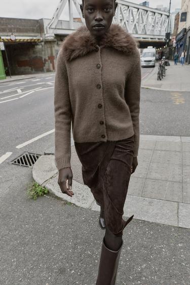 TRICOT JAS MET REVERSKRAAG EN NEPBONT - Mink gemêleerd van Zara