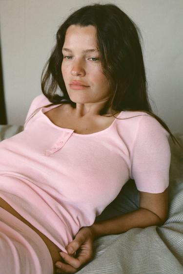 KNIT T-SHIRT WITH BUTTONS - Pink by Zara - Image 2