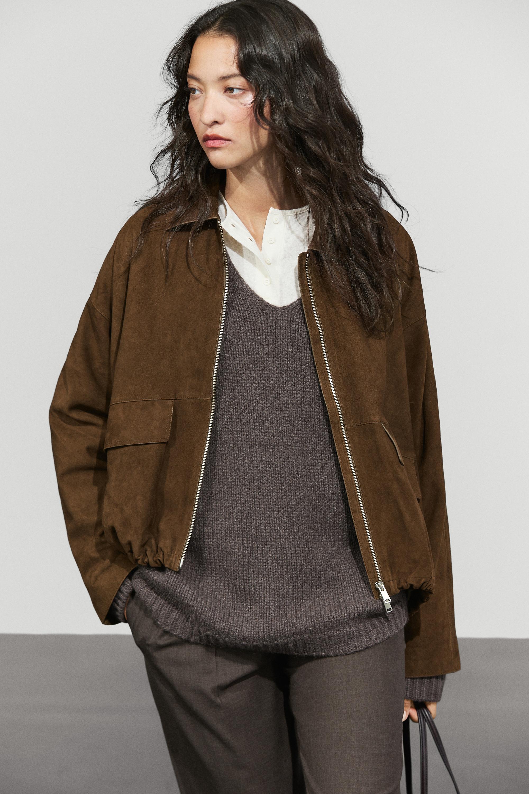 Blouson bomber oversize en cuir et daim