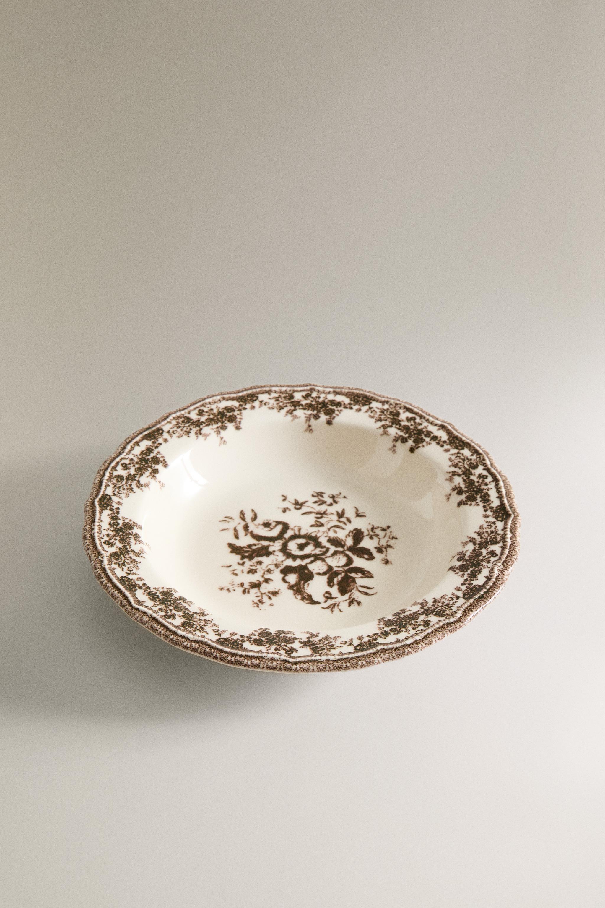 FLORAL EARTHENWARE SOUP PLATE — Brown