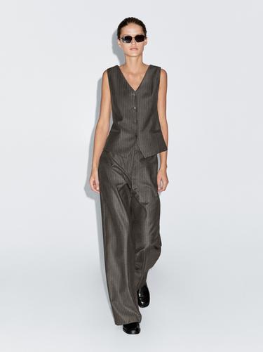 Zara 100% wool pinstripe waistcoat - Chocolate - Image 0