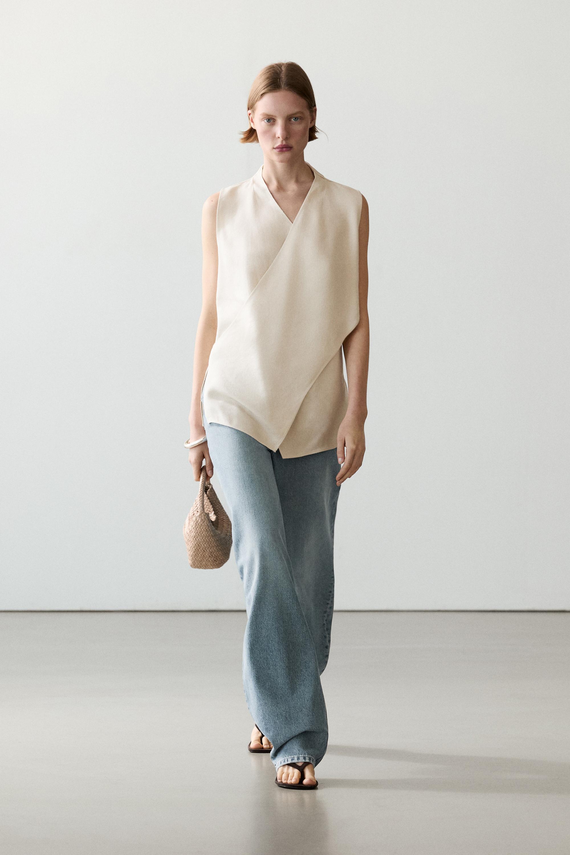 Flowing linen blend crossover top