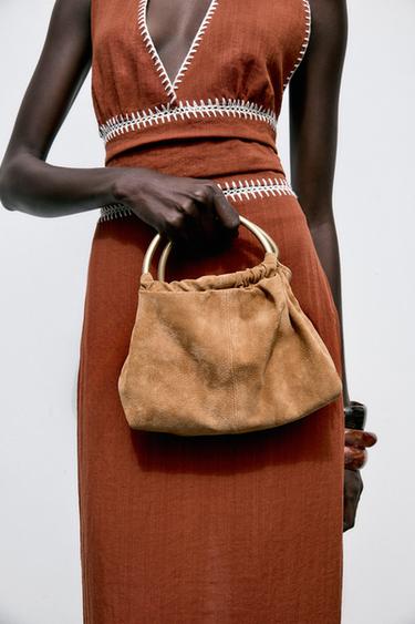 Zara SPLIT LEATHER MINI BOWLING BAG WITH METAL HANDLE - SAND/BROWN