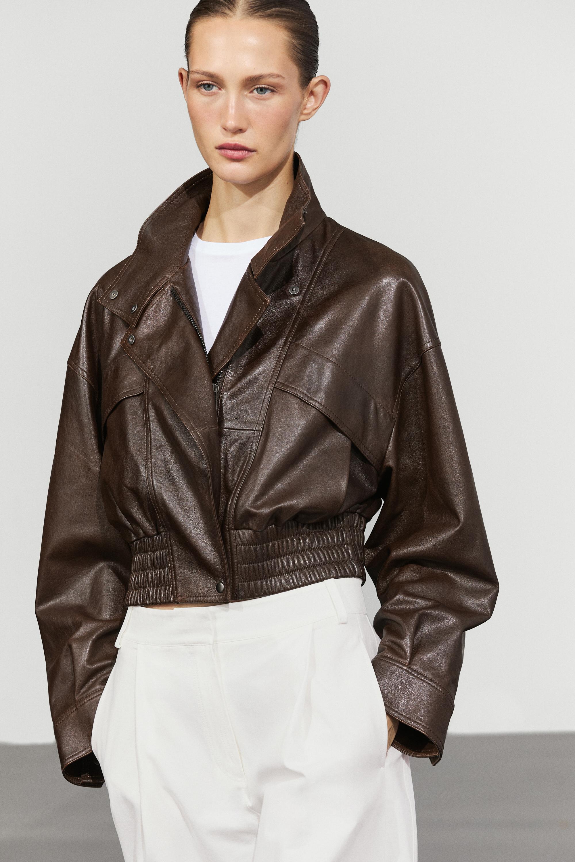 Cropped nappa leather bomber jacket