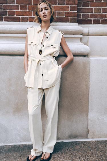 LONG WAISTCOAT WITH LINEN BELT - Light beige by Zara