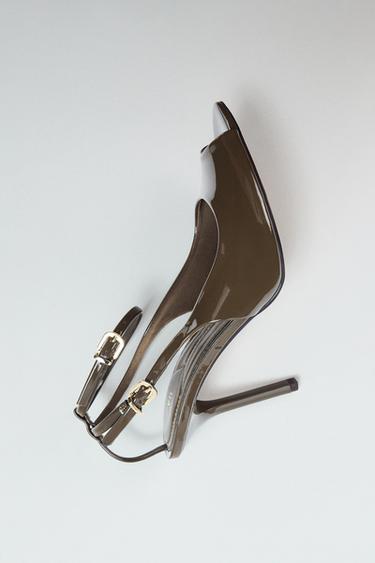 FAUX PATENT OPEN-TOE SLINGBACK HEELS - Khaki Green by Zara