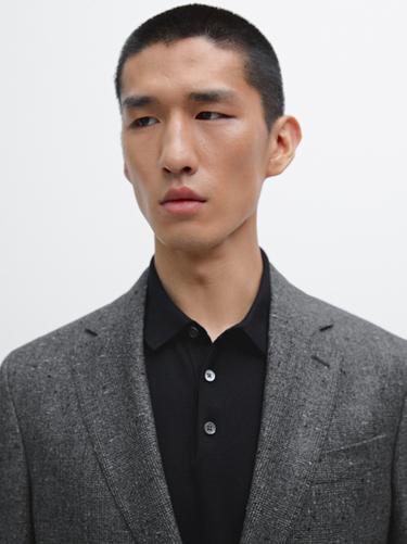 Blazer à carreaux texturé en laine mélangée - Gris de Zara