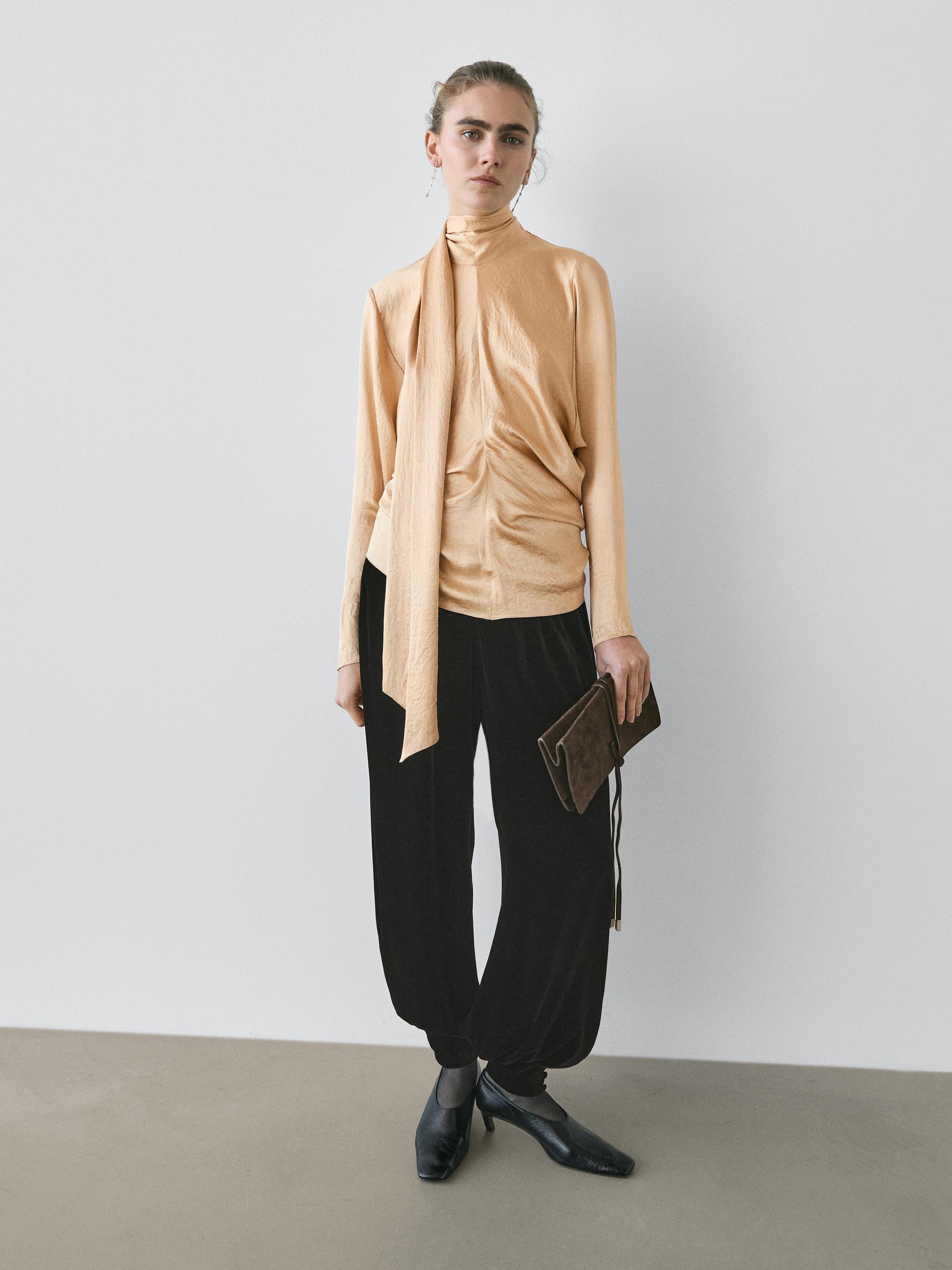 Flowing satin blouse with tie detail