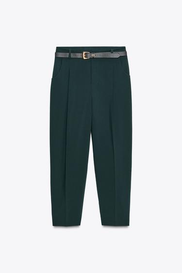 بنطلون بحزام بنقشة رجل الديك - أخضر شرشيري الخاص بـ Zara