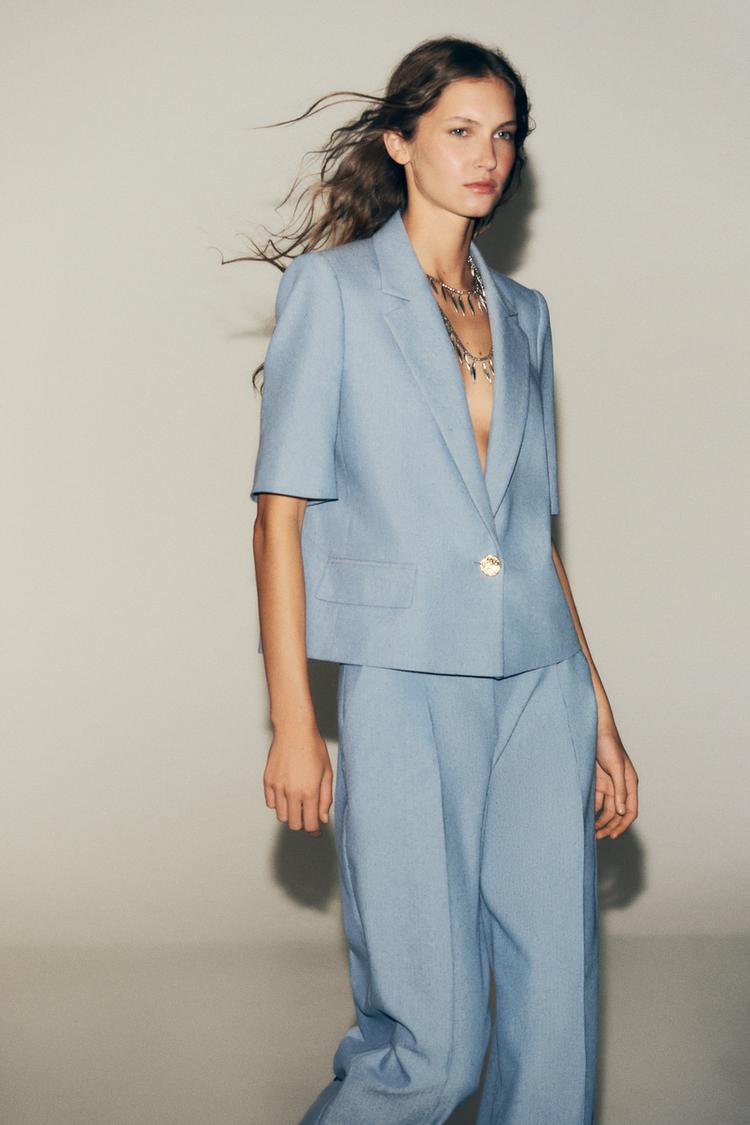 Zaras KORTÄRMAD, CROPPAD KAVAJ - Blå