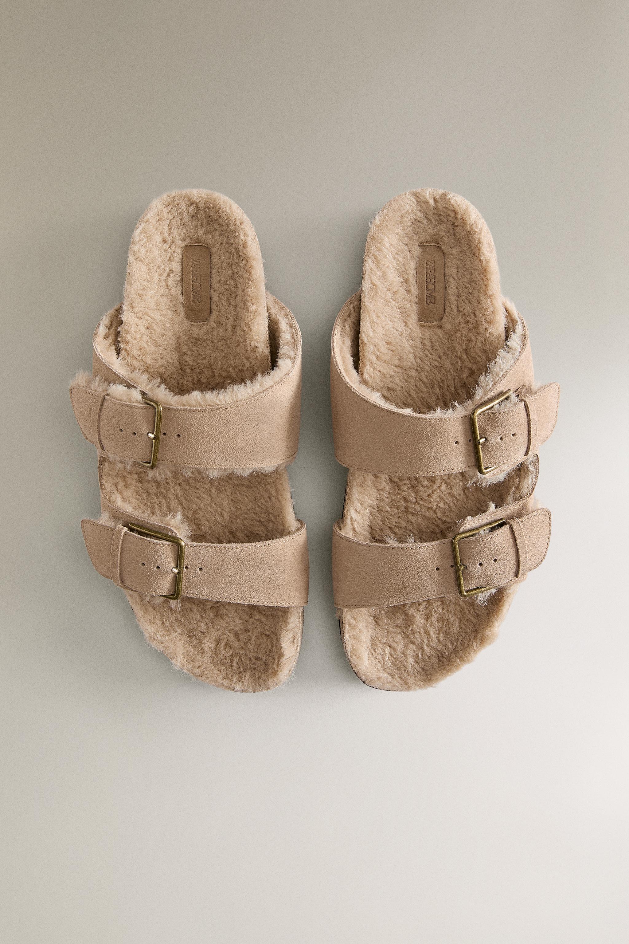 SANDALES CHAUDES EN CROÛTE DE CUIR À DOUBLE BOUCLE