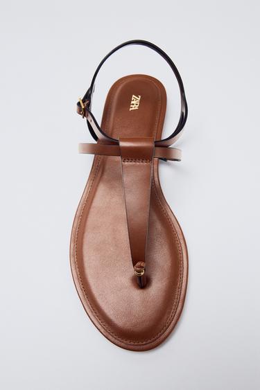 LEATHER STRAPPY FLAT SANDALS - Brown by Zara