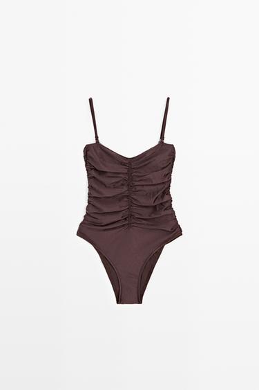 Zara Shimmery gathered swimsuit - Brown - Image 0