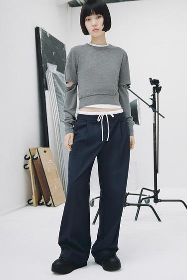 ダブルウエストワイドパンツストライプZaraのダブルウエストワイドパンツ - ストライプ