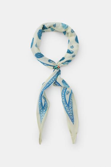 Zara FISH PRINT SILK BANDANA SCARF - Ecru
