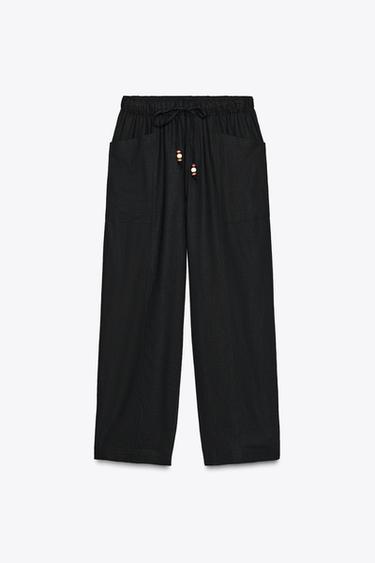 PANTALÓN CON LINO CORDÓN ABALORIOS - Negro de Zara