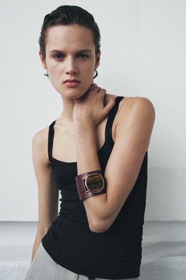 Zara MAXI RIGID LEATHER STONE BRACELET - Burgundy