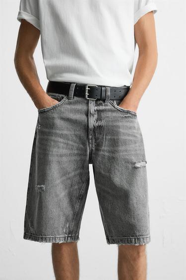 Zara RIPPED BAGGY FIT DENIM SHORTS - Gray