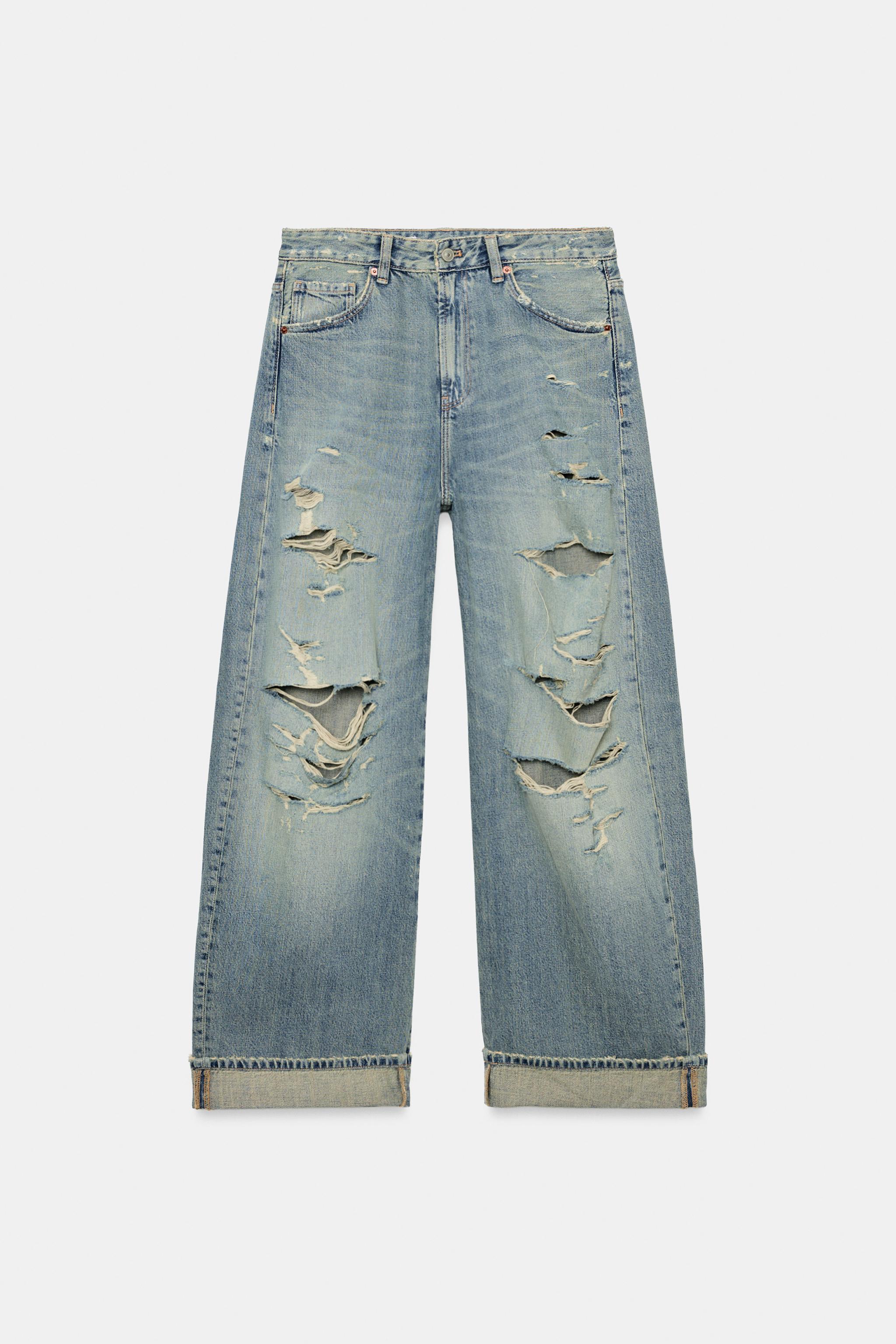 TRF MID-RISE RIPPED BAGGY FOLDED JEANS