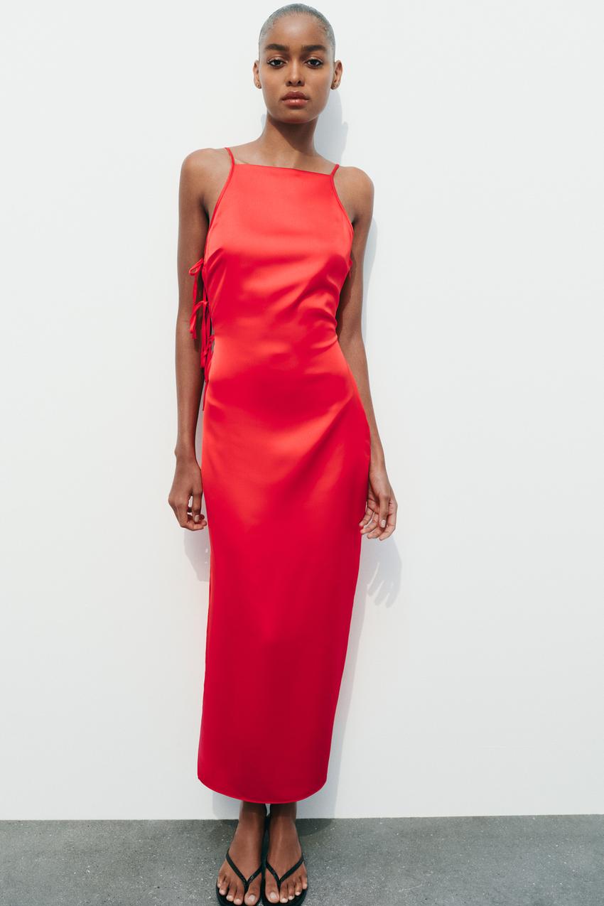 SATIN DRESS WITH TIES - Red
