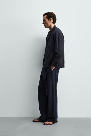 CELANA PANJANG RELAXED FIT 100% LINEN SABUK - Biru navy dari Zara