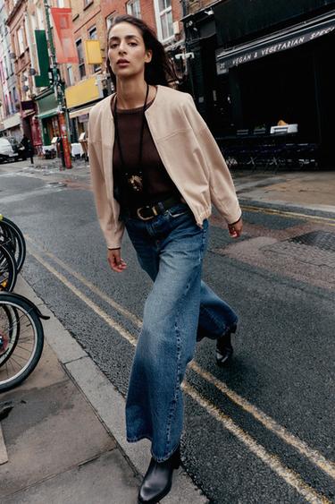 Zara FAUX SUEDE BOMBER JACKET - Ecru