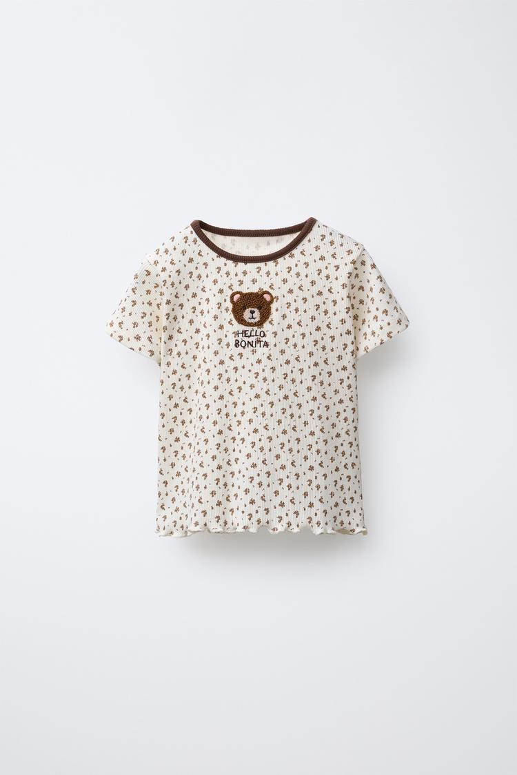 RIBBED T-SHIRT WITH FLORAL AND ANIMAL PATCH