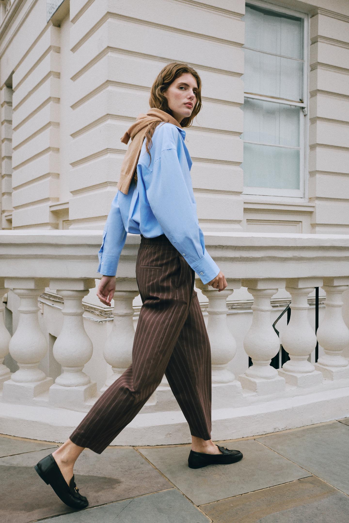 Женские брюки Zara Striped Paperbag Balloon, цвет: Коричневый синий — фото 4